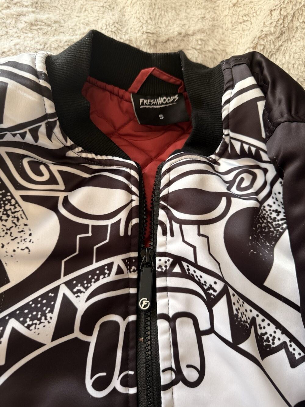 Tribal Mask Aztec Bomber Jacket Men’s Small Black White Graphic By Freshhood